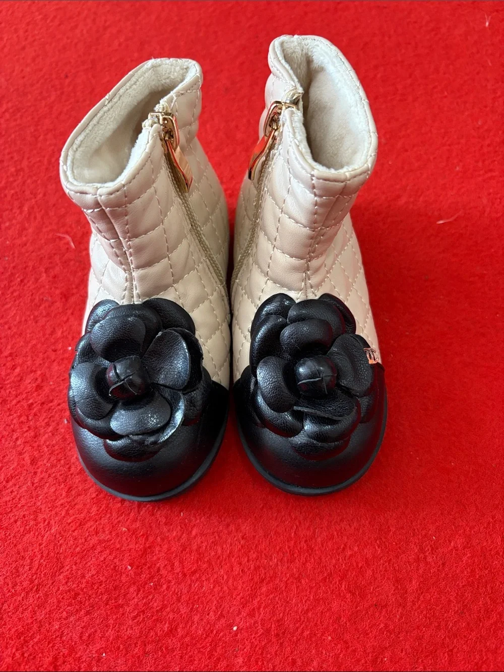 Quilted Ivory and Black Toddler Ankle Boots with Flower Accent